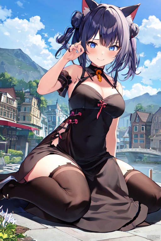  1girl,cat girl,wariza,oppai loli:1.8,loli:2.1,((((wariza:1.8)))),day,mountain:1.3,little city:1.4,continent, little skyscraper :1.4,looming,full body ,extremely large,from below:1.4,looking at the viewer,little smile,large breasts:1.5,sfw,dress