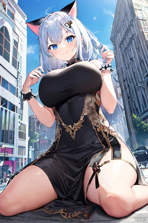  1girl,cat girl,wariza,oppai loli:1.5,loli:1.9,((((wariza:1.8)))),day,mountain:1.3,little city:1.4,continent, little skyscraper :1.4,looming,full body ,extremely large,from below:1.4,looking at the viewer,little smile,large breasts:1.4,huge breasts,sfw,dress