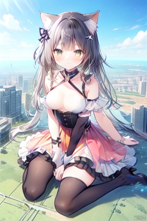  gigagts, wariza,1girl, cat ears,orange frilled dress:1.45,large breasts,giantess,gigagts,black_thighhighs,city under legs,proving earth is flat,skyline,day,giantess,small city:1.2,oppai loli,small buildings:1.3,many super tiny buildings
,horizon,wariza,loli,kawaii,
