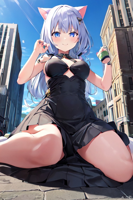  1girl,cat girl,wariza,oppai loli:1.4,loli:1.6,((((wariza:1.8)))),day,mountain:1.3,little city:1.4,continent, little skyscraper :1.4,looming,full body ,extremely large,from below:1.4,looking at the viewer,little smile,large breasts:1.2,sfw,dress