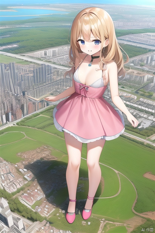loli, giantess, city landscape, watiza, pink dress, little buildings, medium breasts