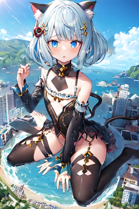  1girl，cat girl，wariza，loli,((((wariza:2.3)))),giantess,sea,island,small city,small skyscraper,small mountain,day,from below,extremely large,looming,larger than the buildings