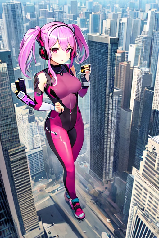  gts,1girl,day, city, cityscape, rampage:1.6,destruction:1.6,little skyscraper,little buildings ,looming,aerial view:1.3,full body
, 
 1girl,pink bodysuit:1.6,full body，pink hair，pink twintails，headphones，medium breasts，pink eyes，carring a gun
