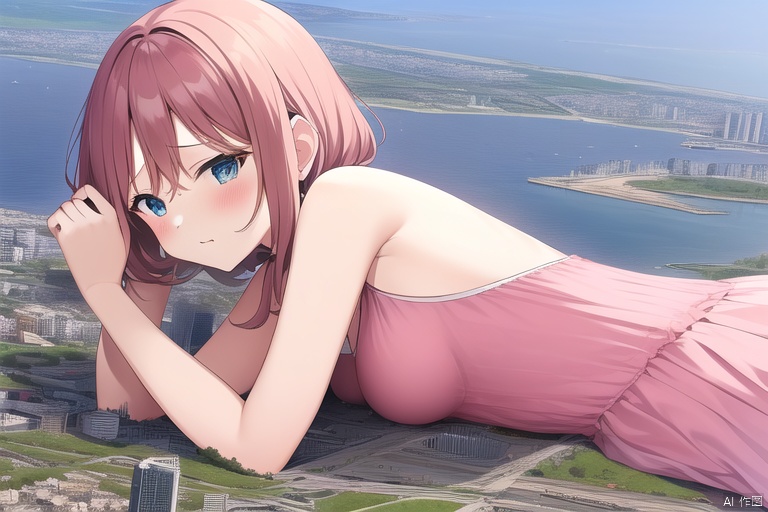 loli:2.7, oppai loli:2.0, giantess, city landscape, pink dress, little buildings, medium breasts, on silde, lying, lying on stomach:1.9,upper body,sfw
