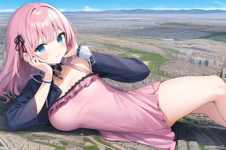 loli:2.7, oppai loli:2.0, giantess, city landscape, pink dress, little buildings, medium breasts, on silde, lying