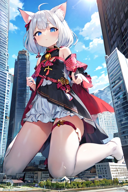  1girl，cat girl，wariza，loli,((((wariza:1.6)))),day,mountain:1.3,little city:1.4,continent, little skyscraper ,looming,full body ,extremely large,from below:1.4,larger than the city,