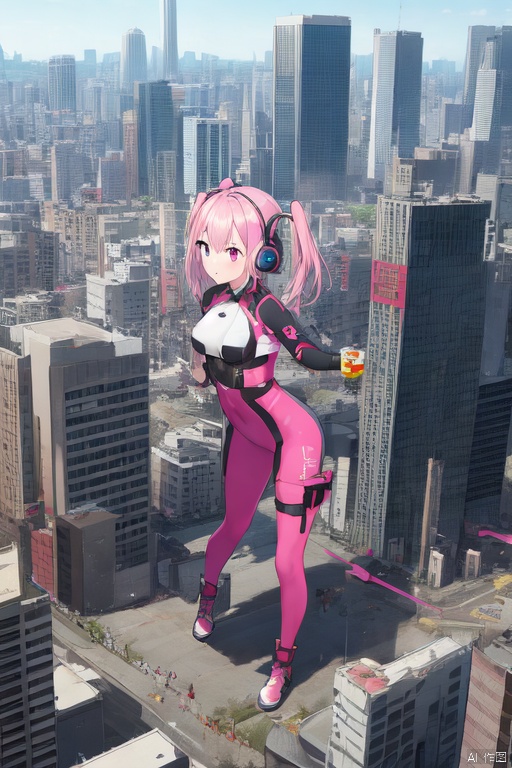  gts,1girl,day, city, cityscape, rampage:1.6,destruction:1.6,little skyscraper,little buildings ,looming,aerial view:1.3,full body
, 
 1girl,pink bodysuit:1.6,full body，pink hair，pink twintails，headphones，medium breasts，pink eyes，carring a gun