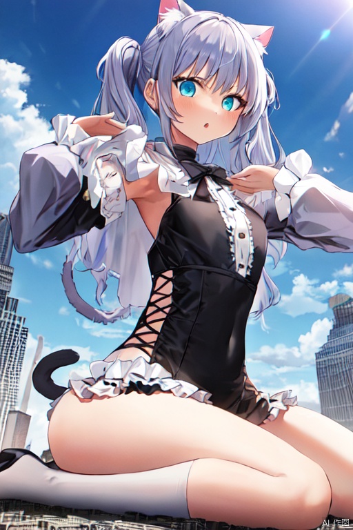 1girl，cat girl，wariza，loli,((((wariza:1.6)))),day,mountain:1.3,little city:1.4,continent, little skyscraper ,looming,full body ,extremely large,from below:1.4,larger than the skyscraper