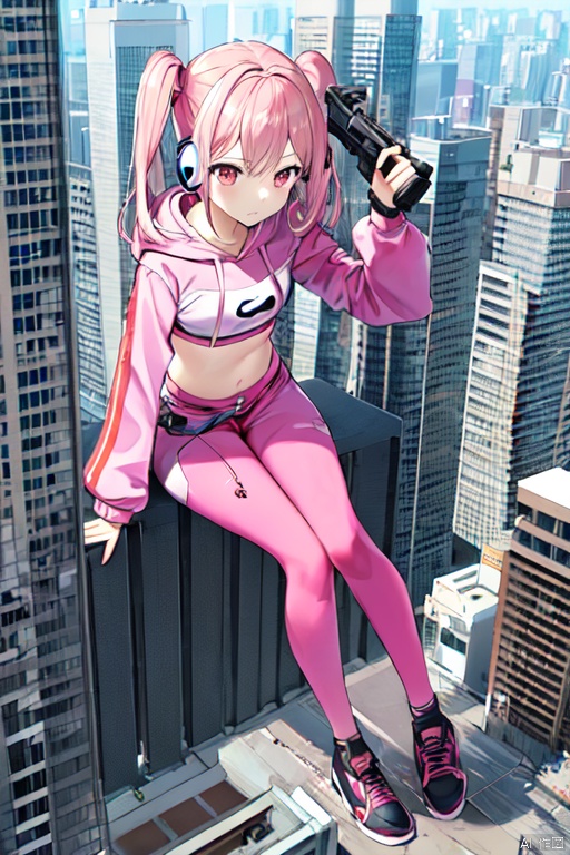  gts,1girl,day, city, cityscape,sitting on ground, rampage:1.6,destruction:1.6,little skyscraper,little buildings ,looming,aerial view:1.3,full body
, 
 1girl,pink bodysuit:1.6,full body，pink hair，pink twintails，headphones，medium breasts，pink eyes，pink croptop hoodie:0.7,pink sleeves，carring a gun