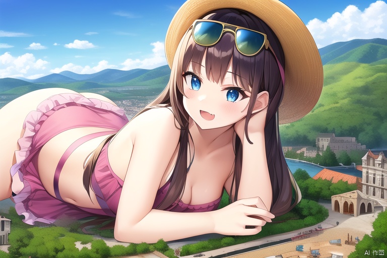 extremely detailed CG unity 8k wallpaper), (masterpiece), (best quality), (ultra-detailed), (best illustration), (best shadow), (sharp eyeliner, eyeshadow, detailed eyes:1.2), 1girl, solo, sea, lying, perfect hands, nice hands, perfect anatomy, (((detailed face))), looking at viewer, (((loli))), medium chest, red hair, long hair, blunt bangs, blue eyes, bare legs, thick thighs, pink dress, open mouth, fang, frilled dress, day, sunlight, eyewear on head, light smile, cloud, panama hat, (((GTS))), (((gigaGTS))), (((giantess))), aerial view, mountainscape, landscape,GTS,giantess, tall female,upper body:1.7, little buildings, little city