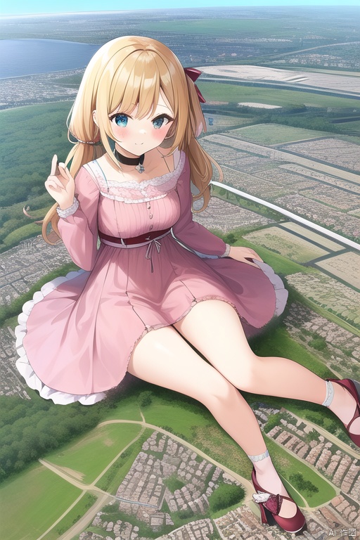 loli, giantess, city landscape, watiza, pink dress, little buildings, medium breasts