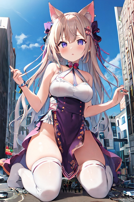  gts,1girl,oppai loli:1.3, cat ears,pink color frilled halter dress :1.4,giantess,big breasts:1.7, white thighhighs:1.7,day, city,cityscape,wariza,rampage:1.6,destruction:1.6,little skyscraper,little buildings ,looming,aerial view:1.3,full body
, loli:1.6,kawaii:1.6,from below