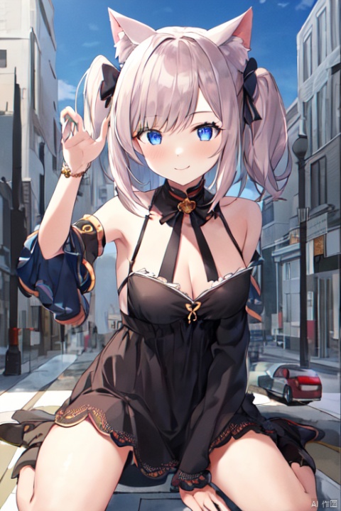  1girl,cat girl,wariza,oppai loli:1.8,loli:2.1,((((wariza:1.8)))),day,mountain:1.3,little city:1.4,continent, little skyscraper :1.4,looming,full body ,extremely large,from below:1.4,looking at the viewer,little smile,big breasts:1.4,sfw,dress