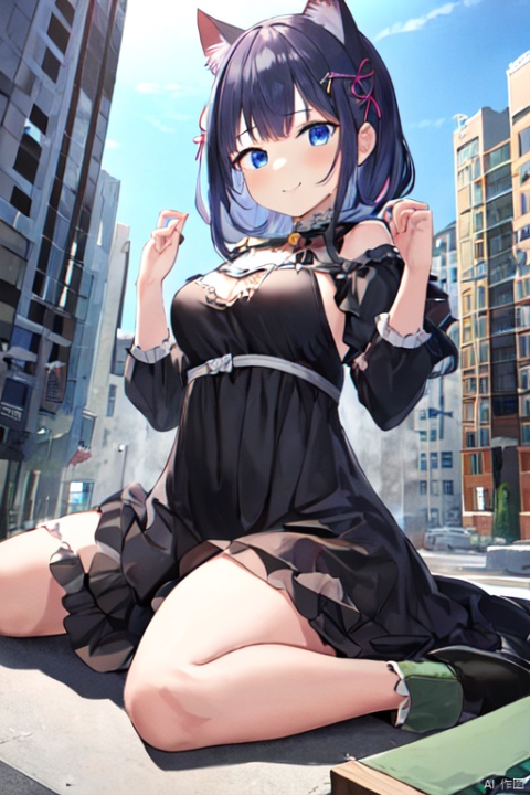  1girl,cat girl,wariza,oppai loli:1.5,loli:1.9,((((wariza:1.8)))),day,mountain:1.3,little city:1.4,continent, little skyscraper :1.4,looming,full body ,extremely large,from below:1.4,looking at the viewer,little smile,medium breasts:1.4,sfw,dress