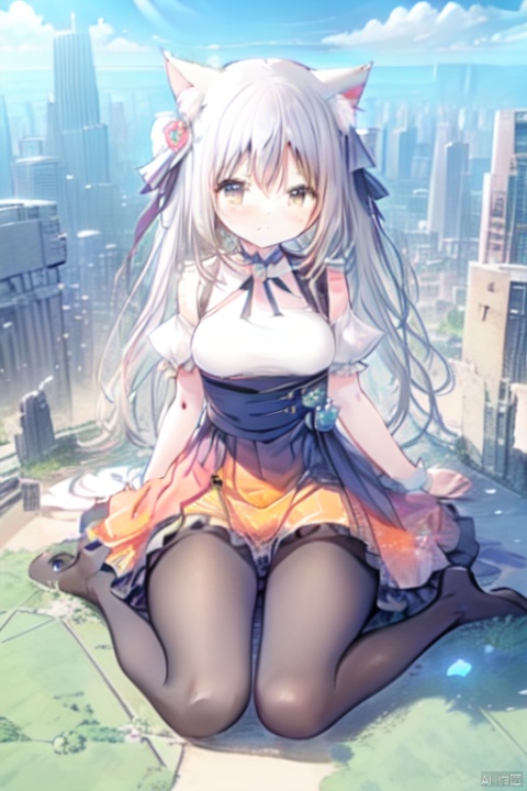  gigagts, wariza,1girl, cat ears,orange frilled dress:1.45,large breasts,giantess,gigagts,black_thighhighs,city under legs,proving earth is flat,skyline,day,giantess,small city:1.2,oppai loli,small buildings:1.3,many small buildings
,horizon,wariza,loli,kawaii,
