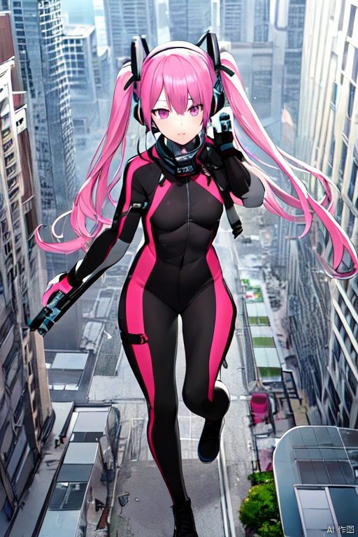  gts,1girl,day, city, cityscape, rampage:1.6,destruction:1.6,little skyscraper,little buildings ,looming,aerial view:1.3,full body
, 
 1girl,pink bodysuit:1.6,full body，pink hair，pink twintails，headphones，medium breasts，pink eyes，carring a gun