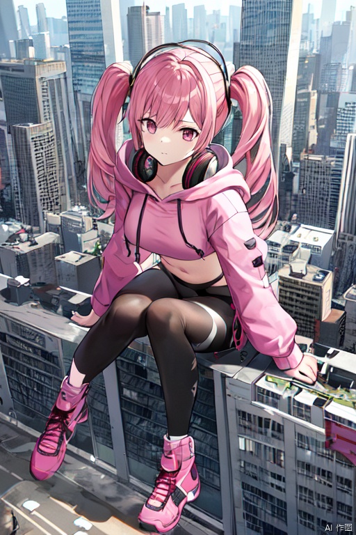  gts,1girl,day, city, cityscape,sitting on ground, rampage:1.6,destruction:1.6,little skyscraper,little buildings ,looming,aerial view:1.3,full body
, 
 1girl,pink bodysuit:1.6,full body，pink hair，pink twintails，headphones，medium breasts，pink eyes，pink croptop hoodie:0.7,pink sleeves，carring a gun