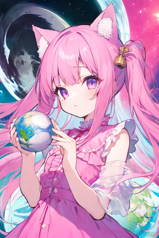  gts,1girl, cat ears,pink color frilled dress,giantess,space background,holding little earth,hands holding little earth,upper body ,looming,
,oppai loli:1.4,kawaii,