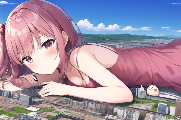 loli:2.7, oppai loli:2.0, giantess, city landscape, pink dress, little buildings, medium breasts, on silde, lying, lying on stomach:1.9,upper body