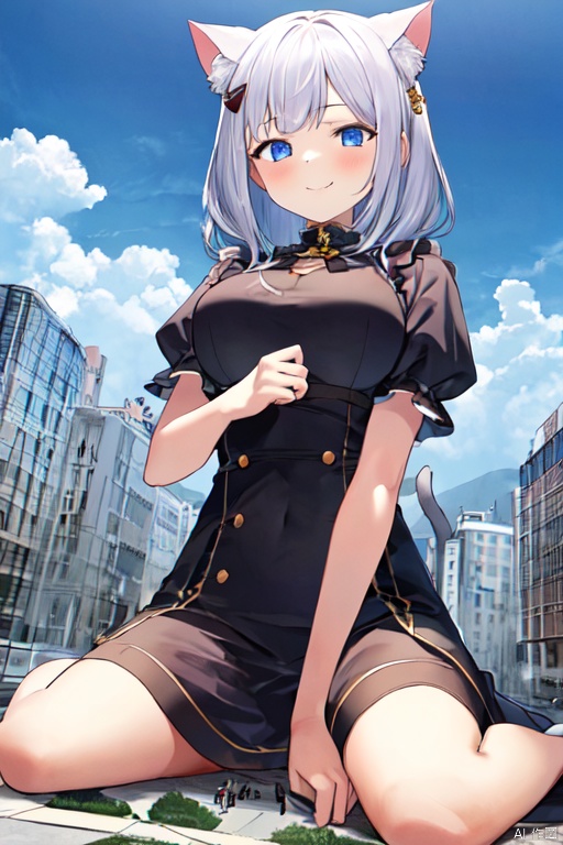  1girl,cat girl,wariza,oppai loli:1.5,loli:1.9,((((wariza:1.8)))),day,mountain:1.3,little city:1.4,continent, little skyscraper :1.4,looming,full body ,extremely large,from below:1.4,looking at the viewer,little smile,large breasts:1.4,sfw,dress