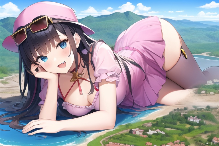 extremely detailed CG unity 8k wallpaper), (masterpiece), (best quality), (ultra-detailed), (best illustration), (best shadow), (sharp eyeliner, eyeshadow, detailed eyes:1.2), 1girl, solo, sea, lying, perfect hands, nice hands, perfect anatomy, (((detailed face))), looking at viewer, (((loli))), medium chest, red hair, long hair, blunt bangs, blue eyes, bare legs, thick thighs, pink dress, open mouth, fang, frilled dress, day, sunlight, eyewear on head, light smile, cloud, panama hat, (((GTS))), (((gigaGTS))), (((giantess))), aerial view, mountainscape, landscape,GTS,giantess, tall female,upper body:1.7, little buildings, little city