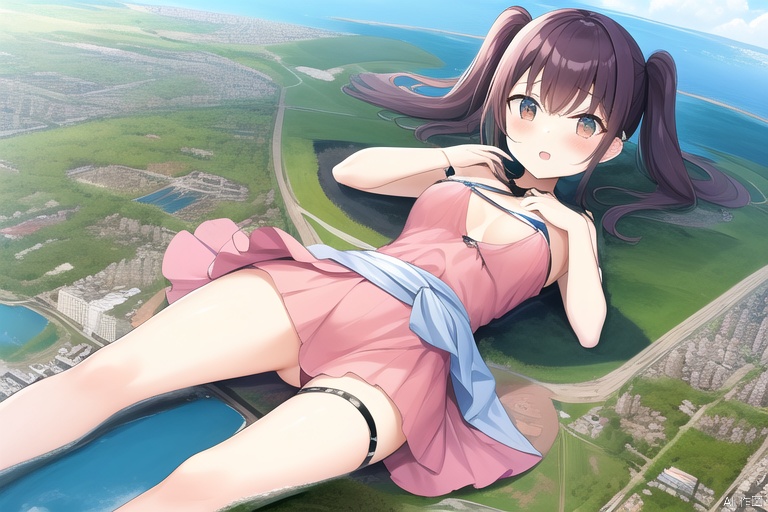 loli:2.7, oppai loli:2.0, giantess, city landscape, watiza, pink dress, little buildings, medium breasts, on silde, lying