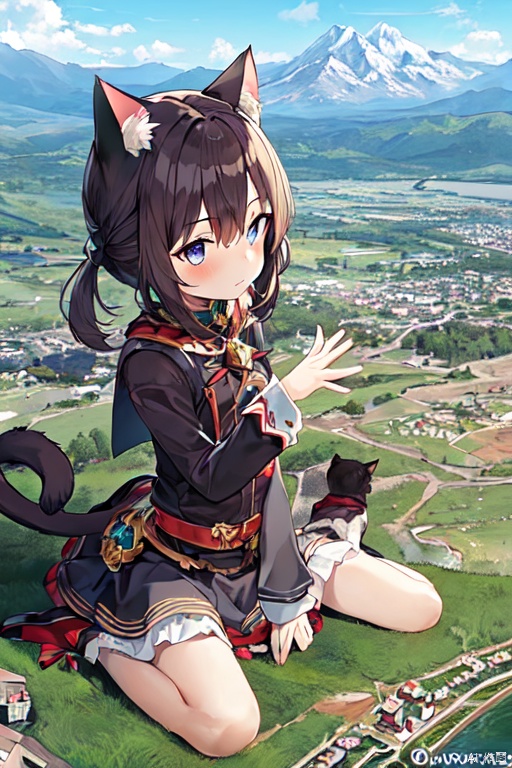  1girl，cat girl，wariza，loli,((((wariza:1.6)))),day,mountain:1.3,little city:1.4,continent, little city,looming,full body ,extremely large