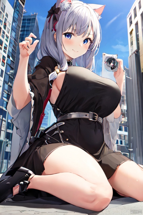  1girl,cat girl,wariza,oppai loli:1.5,loli:1.9,((((wariza:1.8)))),day,mountain:1.3,little city:1.4,continent, little skyscraper :1.4,looming,full body ,extremely large,from below:1.4,looking at the viewer,little smile,big breasts:1.4,sfw,dress