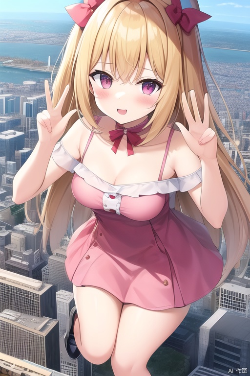 loli:2.7, oppai loli:2.0, giantess, city landscape, watiza, pink dress, little buildings, medium breasts