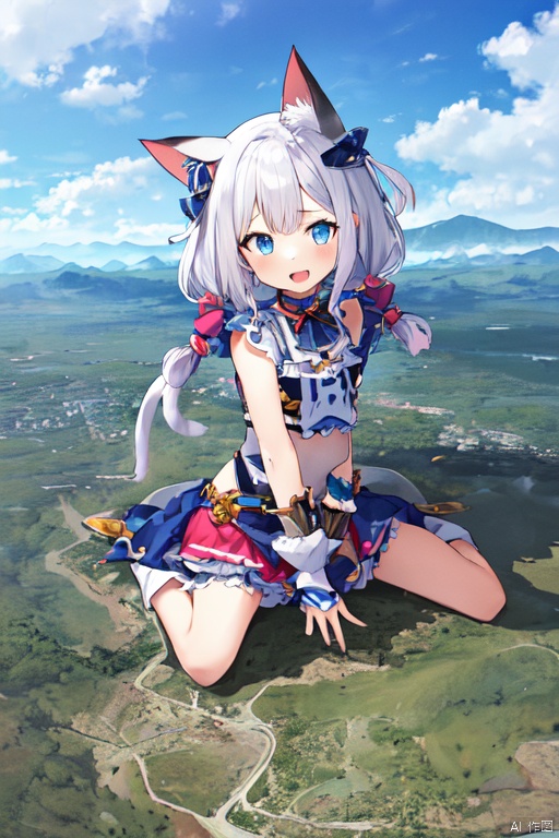  1girl，cat girl，wariza，loli,((((wariza:1.6)))),day,mountain:1.3,little city:1.4,continent, little city ,open mouth,:D,looming,aerial view,full body ,from below,extremely large