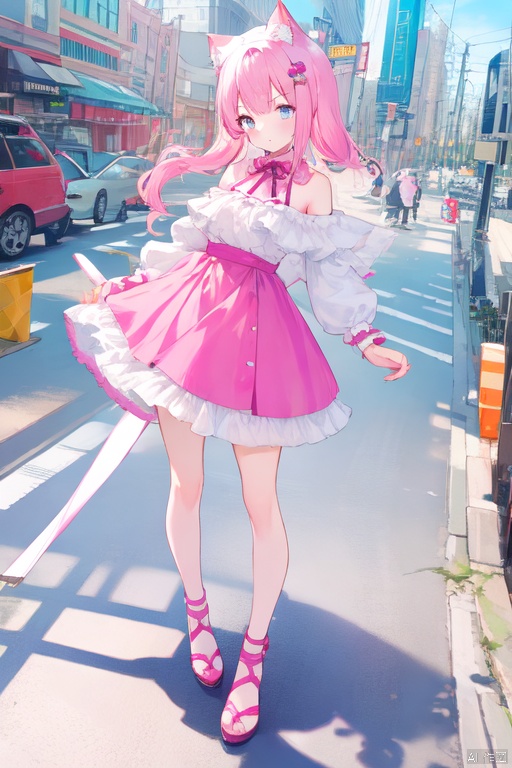  gts,1girl, cat ears,pink color frilled dress :1.4,giantess,day, street,standing ,looming,aerial view:1.3,full body
,oppai loli:1.4,kawaii,