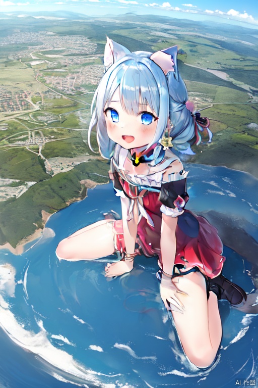  1girl，cat girl，wariza，loli,((((wariza:1.6)))),day,mountain:1.3,little city:1.4,continent, little city ,open mouth,:D,looming,aerial view,full body ,from below,extremely large