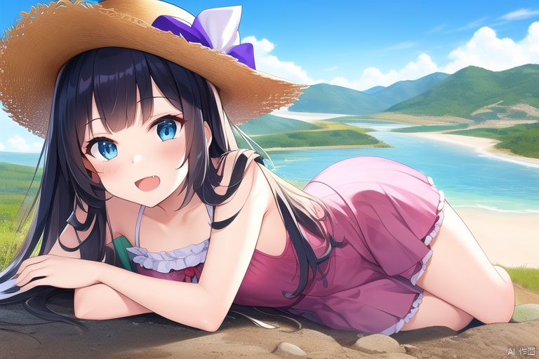 extremely detailed CG unity 8k wallpaper), (masterpiece), (best quality), (ultra-detailed), (best illustration), (best shadow), (sharp eyeliner, eyeshadow, detailed eyes:1.2), 1girl, solo, sea, lying, perfect hands, nice hands, perfect anatomy, (((detailed face))), looking at viewer, (((loli))), medium chest, red hair, long hair, blunt bangs, blue eyes, bare legs, thick thighs, pink dress, open mouth, fang, frilled dress, day, sunlight, eyewear on head, light smile, cloud, panama hat, (((GTS))), (((gigaGTS))), (((giantess))), aerial view, mountainscape, landscape,GTS,giantess, tall female,