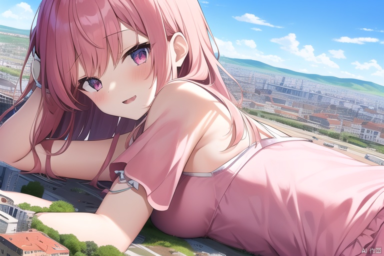 loli:2.7, oppai loli:2.0, giantess, city landscape, pink dress, little buildings, medium breasts, on silde, lying, lying on stomach:1.9,upper body,sfw