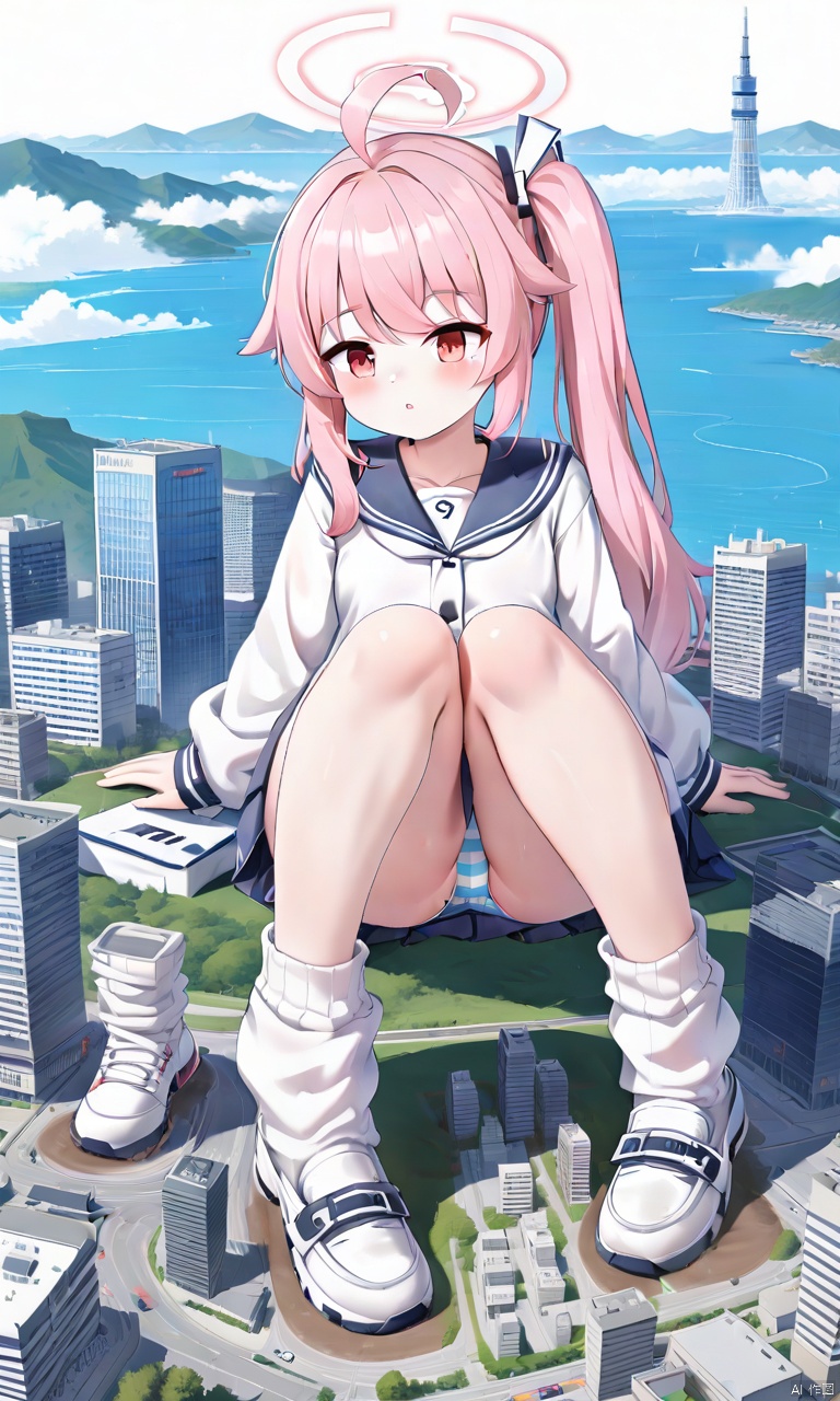  jvdaniang,sitting,stripe panty,loose socks,natsu-default, natsu \(blue archive\),red eyes,pink hair,side ponytail,ahoge,halo,sailor collar,white cardigan,pleated skirt,white shoes,thick thighs,mega size,cityscape, landscape, mountain, continent,skyscraper,tower,footprints