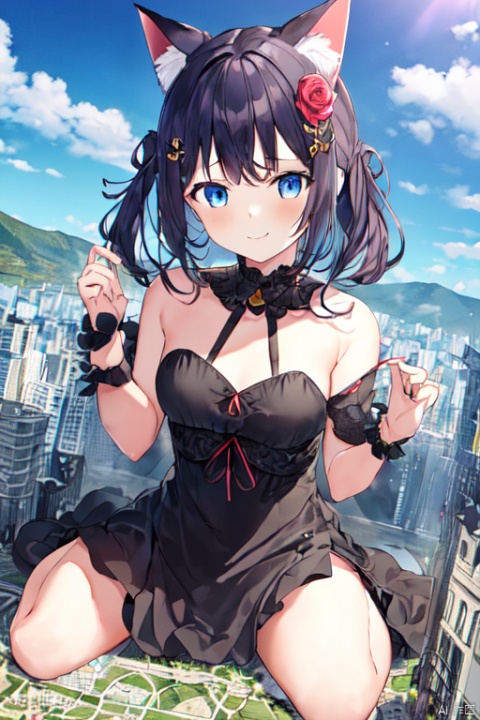  1girl,cat girl,wariza,oppai loli:1.8,loli:2.1,((((wariza:1.8)))),day,mountain:1.3,little city:1.4,continent, little skyscraper :1.4,looming,full body ,extremely large,from below:1.4,looking at the viewer,little smile,medium breasts:1.4,sfw,dress
