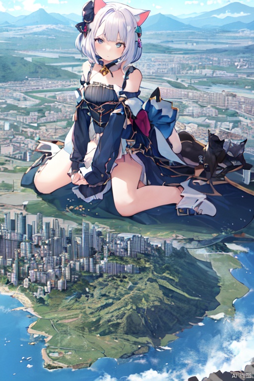  1girl，cat girl，wariza，loli,((((wariza:1.6)))),day,mountain:1.3,little city:1.4,continent, little skyscraper ,looming,full body ,extremely large,from below:1.7,larger than the skyscraper