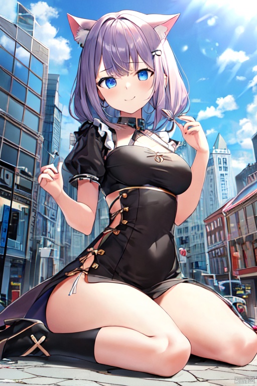  1girl,cat girl,wariza,oppai loli:1.8,loli:2.1,((((wariza:1.8)))),day,mountain:1.3,little city:1.4,continent, little skyscraper :1.4,looming,full body ,extremely large,from below:1.4,looking at the viewer,little smile,large breasts:1.4,sfw,dress