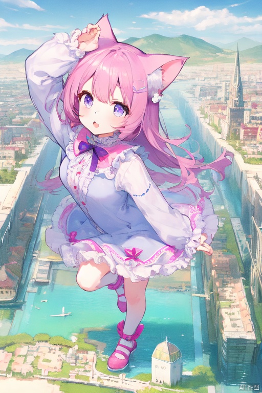  gts,1girl, cat ears,pink color frilled dress :1.4,giantess,day, mountain:1.5,continent, little city,wariza ,looming,aerial view:1.3,full body
,oppai loli:1.4,kawaii,