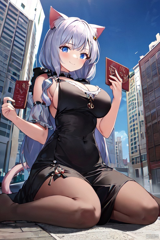  1girl,cat girl,wariza,oppai loli:1.8,loli:2.1,((((wariza:1.8)))),day,mountain:1.3,little city:1.4,continent, little skyscraper :1.4,looming,full body ,extremely large,from below:1.4,looking at the viewer,little smile,large breasts:1.5,sfw,dress