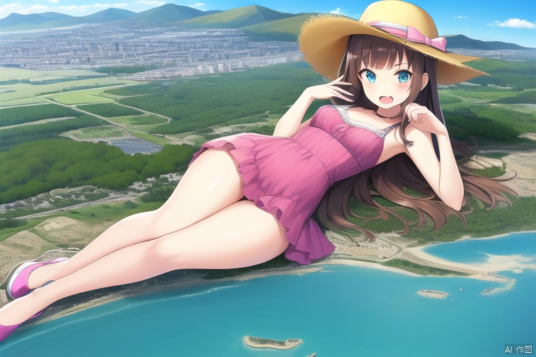 extremely detailed CG unity 8k wallpaper), (masterpiece), (best quality), (ultra-detailed), (best illustration), (best shadow), (sharp eyeliner, eyeshadow, detailed eyes:1.2), 1girl, solo, sea, lying, perfect hands, nice hands, perfect anatomy, (((detailed face))), looking at viewer, (((loli))), medium chest, red hair, long hair, blunt bangs, blue eyes, bare legs, thick thighs, pink dress, open mouth, fang, frilled dress, day, sunlight, eyewear on head, light smile, cloud, panama hat, (((GTS))), (((gigaGTS))), (((giantess))), aerial view, mountainscape, landscape,GTS,giantess, tall female,upper body:1.7, little buildings:1.7, little city:1.7