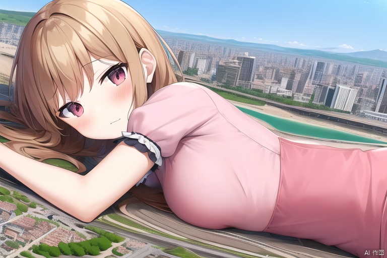 loli:2.5, oppai loli:2.8, giantess, city landscape, pink dress, little buildings, medium breasts, on silde, lying, lying on stomach:1.8,upper body,sfw, pov, from above,destruction, large girl