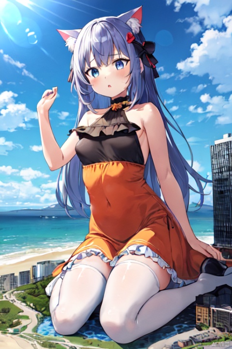  1girl,cat girl,oppai loli,{{orange color frilled halter dress,large breasts}},{white stockings},((wariza)),giantess,sea,island,small city:1.6,small skyscraper:1.6,small mountain,day,from below:1.6,extremely large,looming,full body