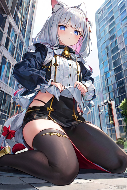  1girl，cat girl，wariza，loli,((((wariza:1.6)))),day,mountain:1.3,little city:1.4,continent, little skyscraper ,looming,full body ,extremely large,from below