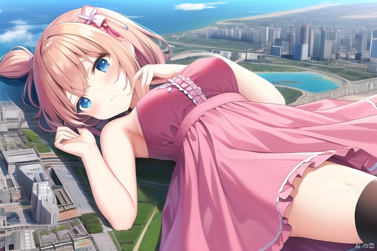 loli:2.7, oppai loli:2.0, giantess, city landscape, pink dress, little buildings, medium breasts, on silde, lying