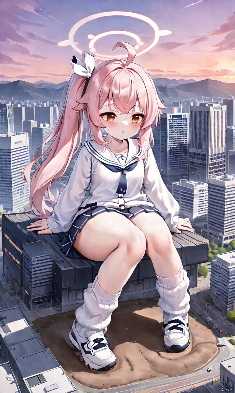 jvdaniang,sitting,stripe panty,loose socks,natsu-default, natsu \(blue archive\),red eyes,pink hair,side ponytail,ahoge,halo,sailor collar,white cardigan,pleated skirt,white shoes,thick thighs,mega size,cityscape, landscape, mountain, continent,skyscraper,tower,footprints