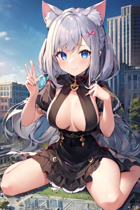  1girl,cat girl,wariza,oppai loli:1.5,loli:1.9,((((wariza:1.8)))),day,mountain:1.3,little city:1.4,continent, little skyscraper :1.4,looming,full body ,extremely large,from below:1.4,looking at the viewer,little smile,large breasts:1.4,sfw,dress
