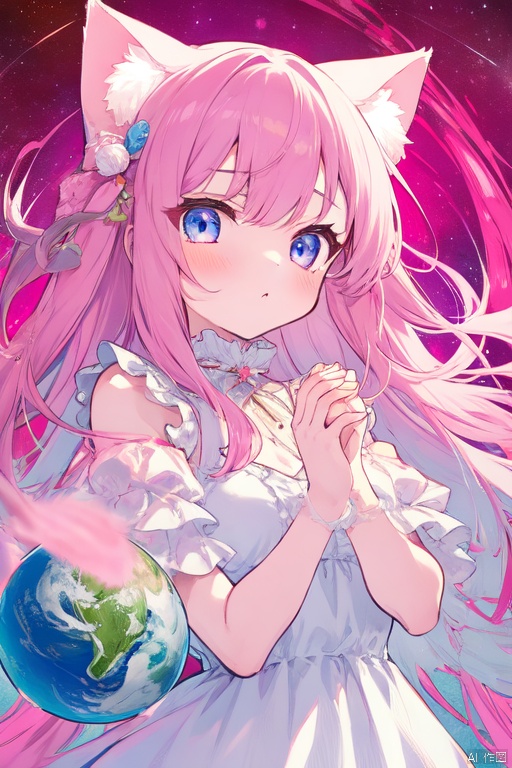  gts,1girl, cat ears,pink color frilled dress,giantess,space background:1.4,holding little earth,hands holding little earth,upper body ,looming,
,oppai loli:1.4,kawaii,