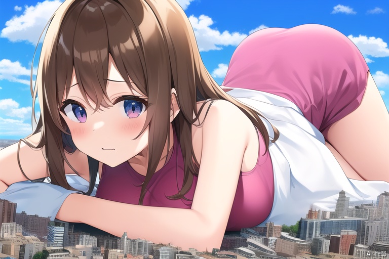 loli:2.7, oppai loli:2.0, giantess, city landscape, pink dress, little buildings, medium breasts, on silde, lying, lying on stomach:1.9,upper body,sfw