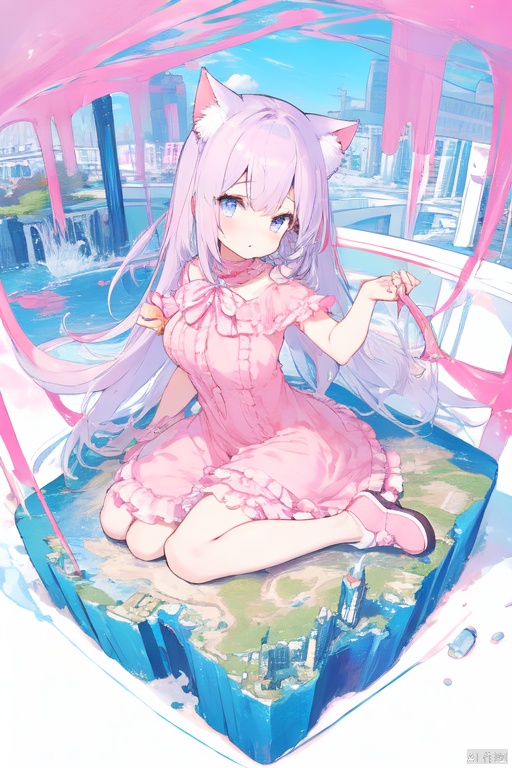  gts,1girl, cat ears,pink color frilled dress :1.4,giantess,day, mountain:1.5,continent, little city,wariza ,looming,aerial view:1.3,full body
,oppai loli:1.4,kawaii,